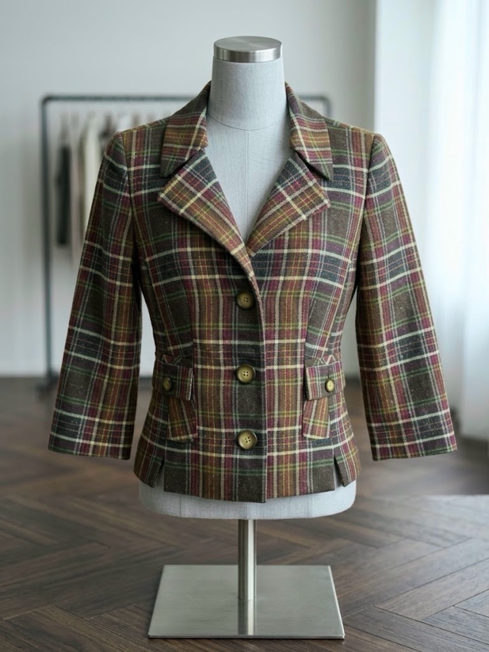 Semantiks Wool Silk Blend Plaid Short Sleeve Blazer Jacket Brown Green Size 6